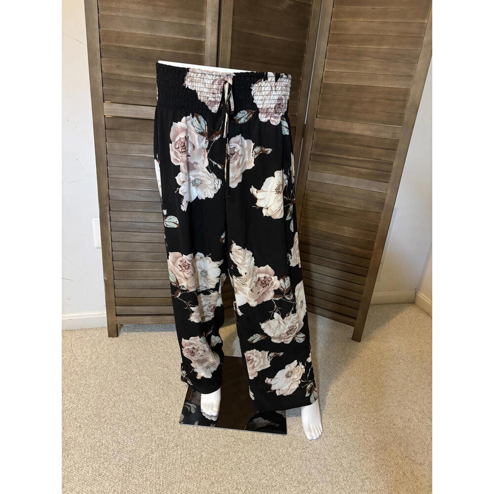 Black Floral Wide Leg Pants with Smocked Waist